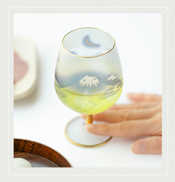 日本風富士山玻璃短柄款酒杯